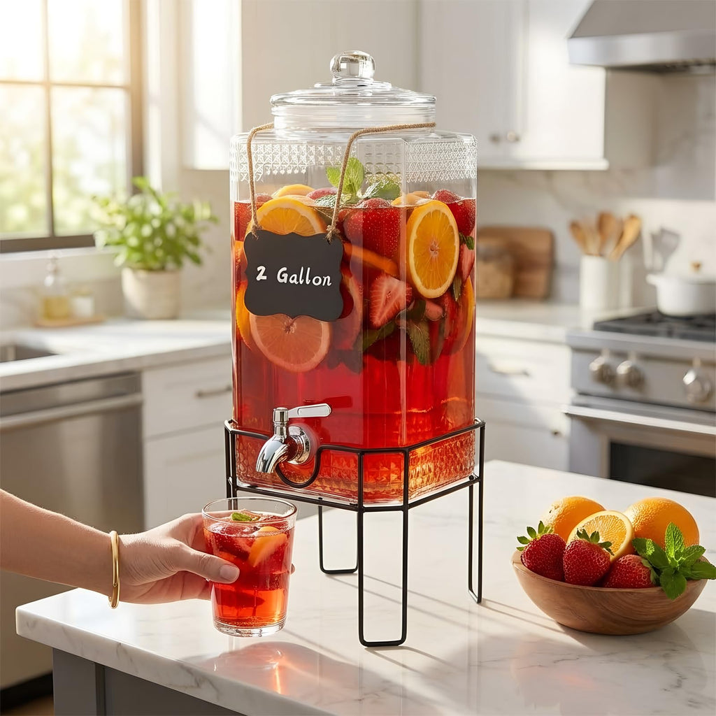 2 Gallon Glass Drink Dispenser with Stand and Glass Lid Y403398