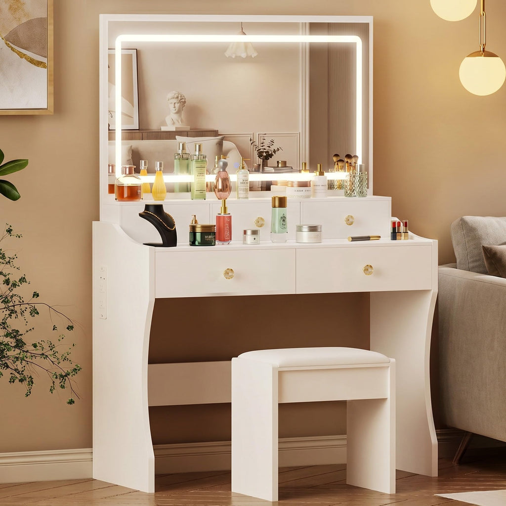 White Vanity Desk with LED Lights Mirror and 5 Drawers M4136