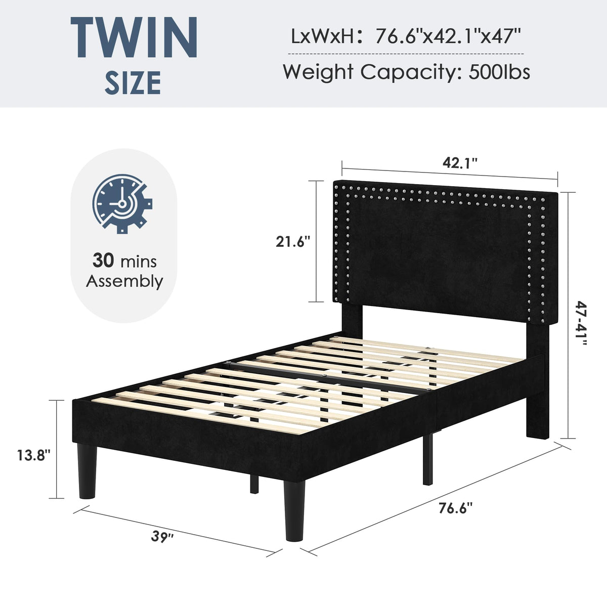 Twin Size Black Platform Bed Frame with Adjustable Upholstered Headboard D375
