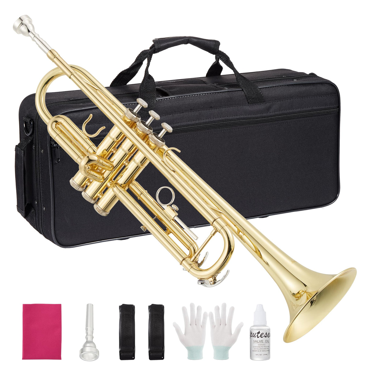 Brass Standard Trumpets with Bag, Mouthpiece, Strap, Gloves, Cleaning Cloth, Trumpet Oil X606560
