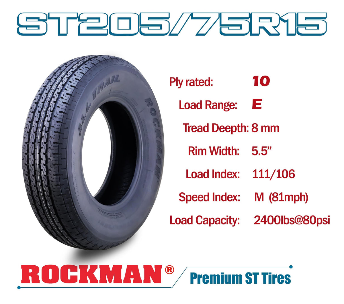 Heavy Duty Trailer Tire ST205/75R15 10-Ply Set4 X6957