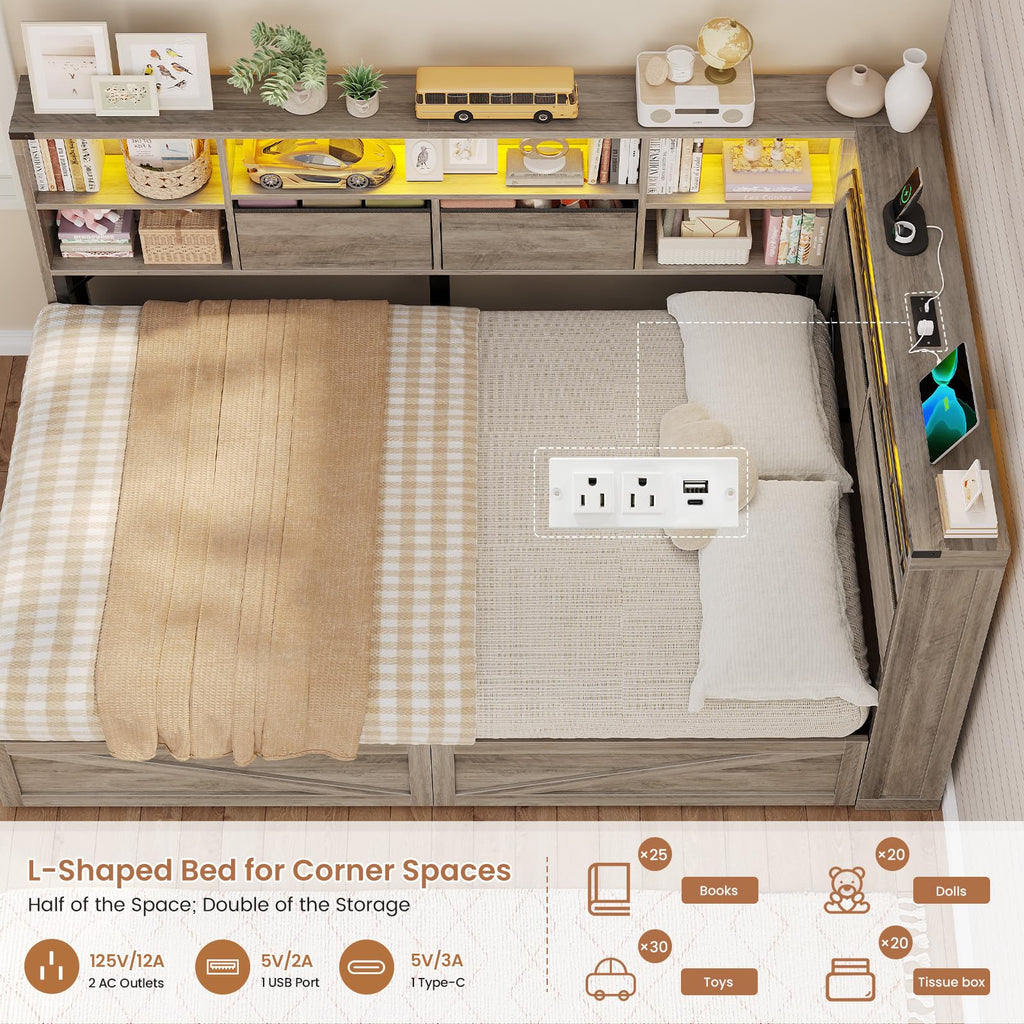Twin Corner Bed Daybed with 6 Storage Drawers Grey H895