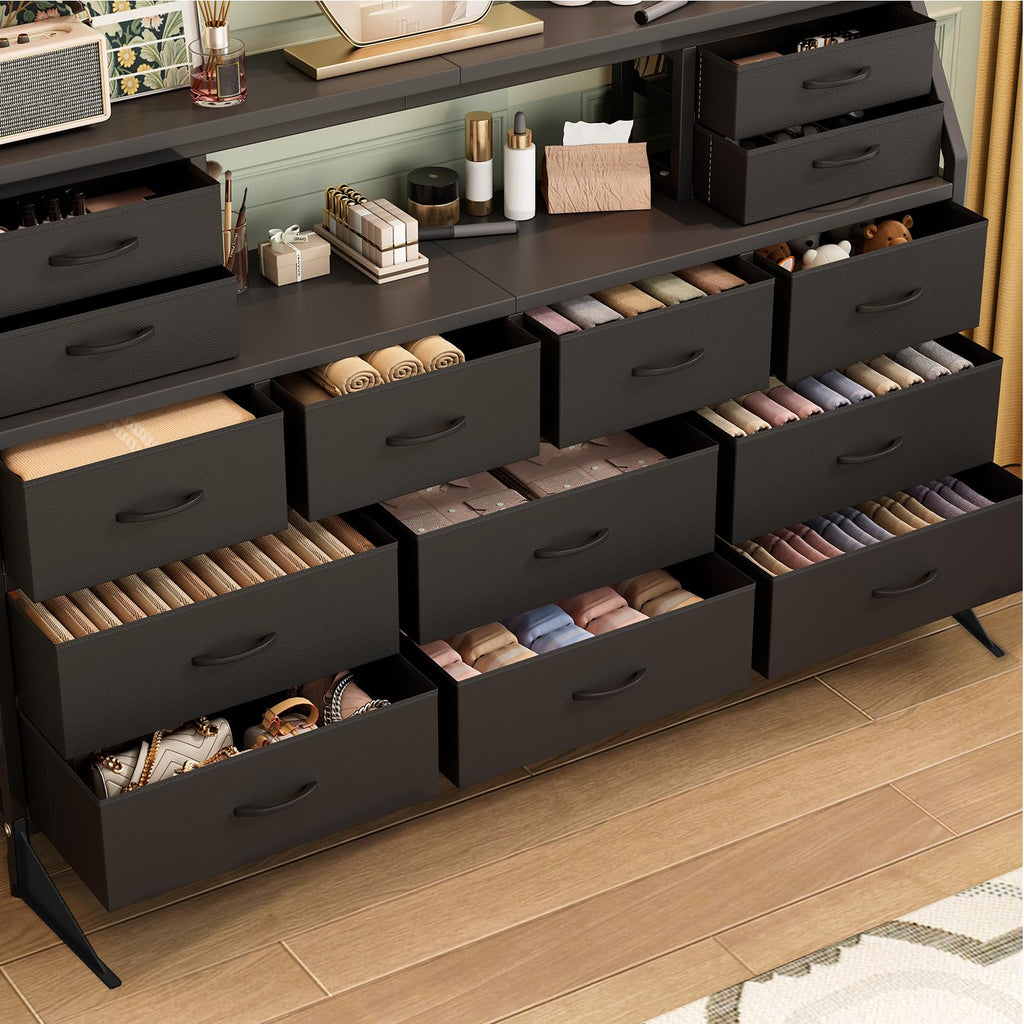 55" Black 14 Drawer Fabric Dresser with Open Shelf M112085