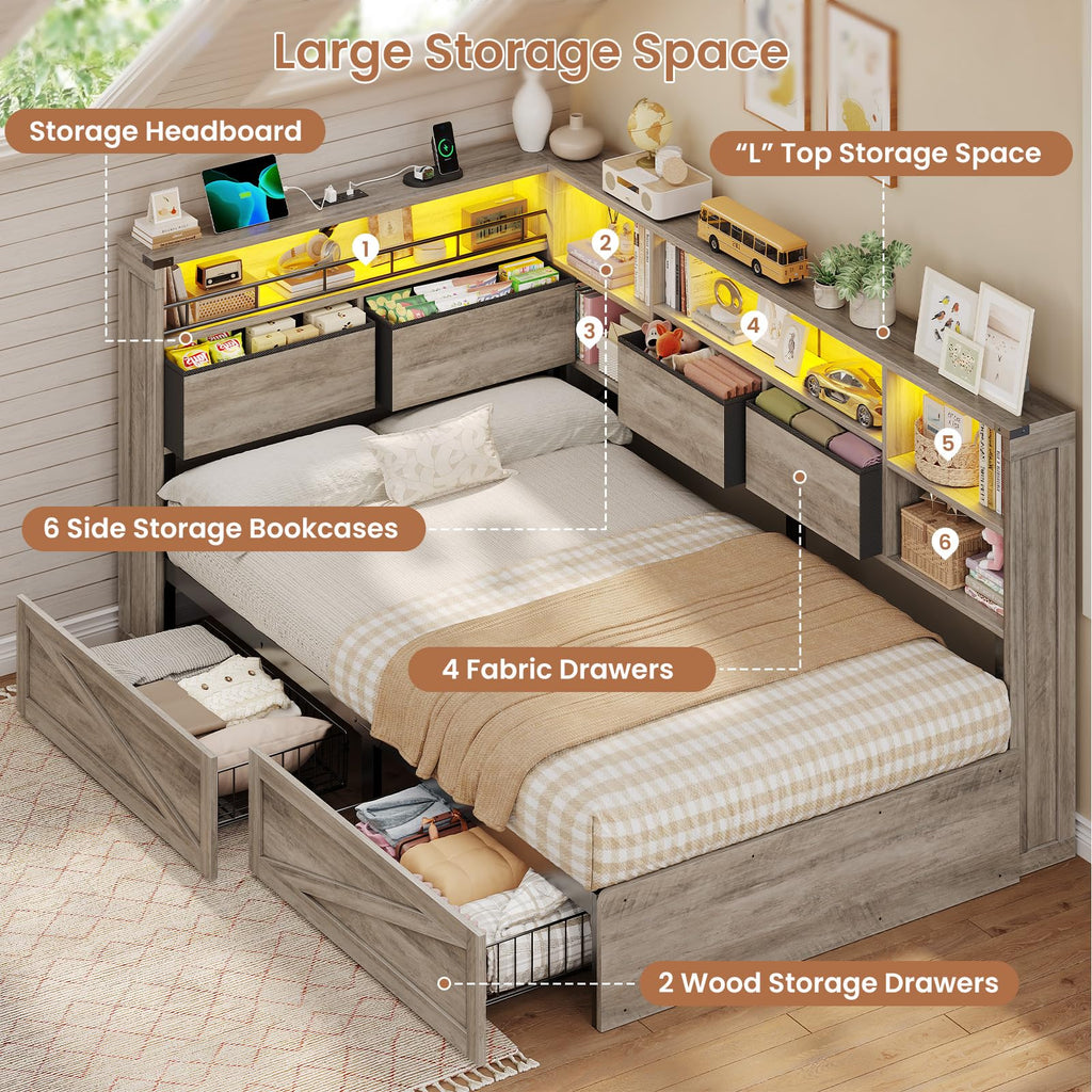 Twin Corner Bed Daybed with 6 Storage Drawers Grey H895