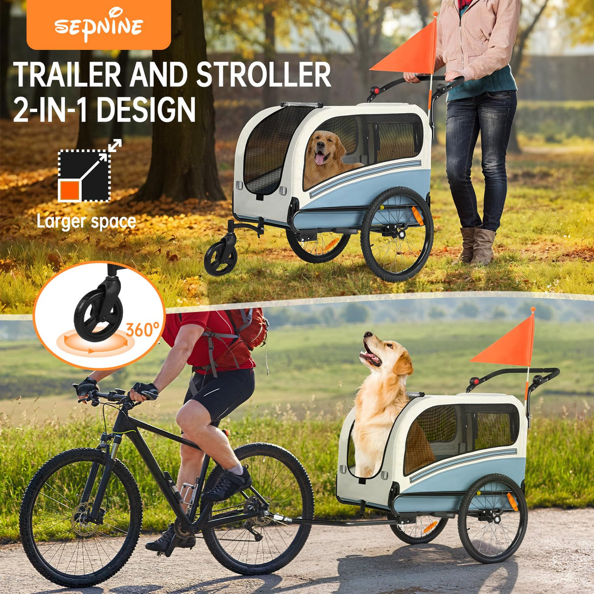 Dog Bike Trailer, 2-in-1 Pet Stroller Cart Bicycle Carrier, Folding with Quick Release Wheels V91084