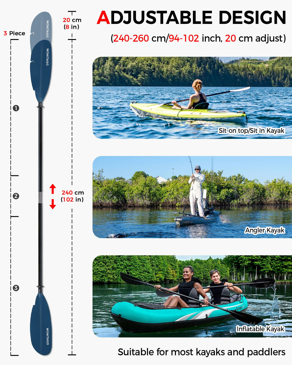 Adjustable Fiberglass Kayak Paddle L6587