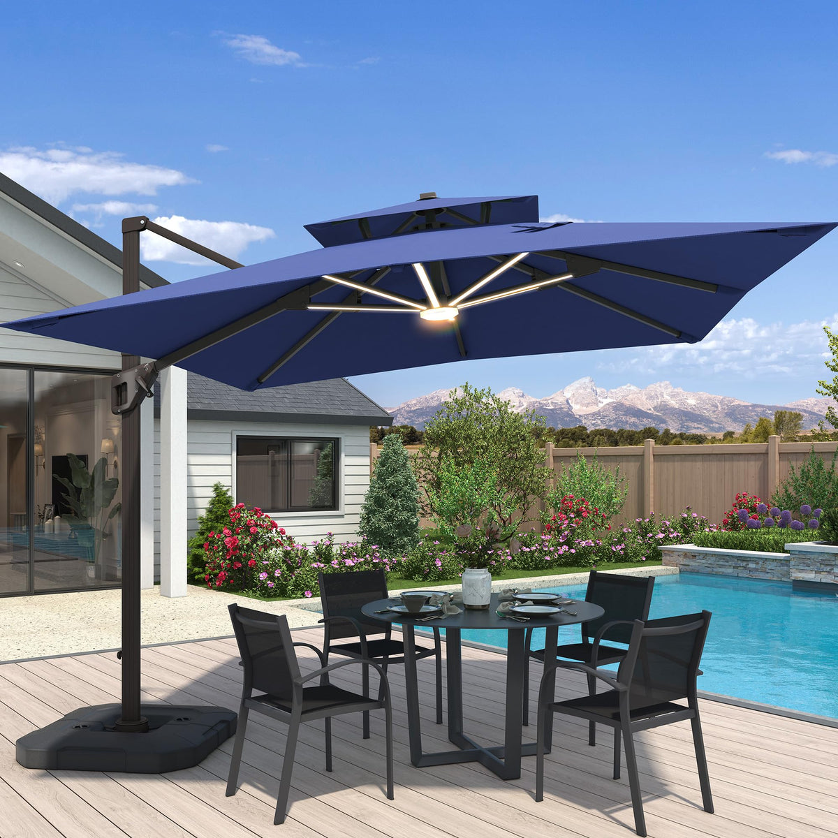 10x10 FT Cantilever Patio Umbrella with Base & LED C9818