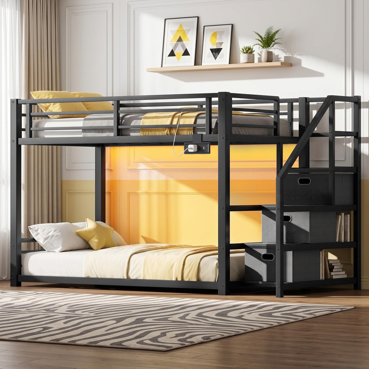 Twin Over Twin Metal Bunk Bed with Storage Stairs, Drawers & Shelves, Power Outlet and RGB LED Lights, Safety Guardrails & Metal Slats (Black) F330720