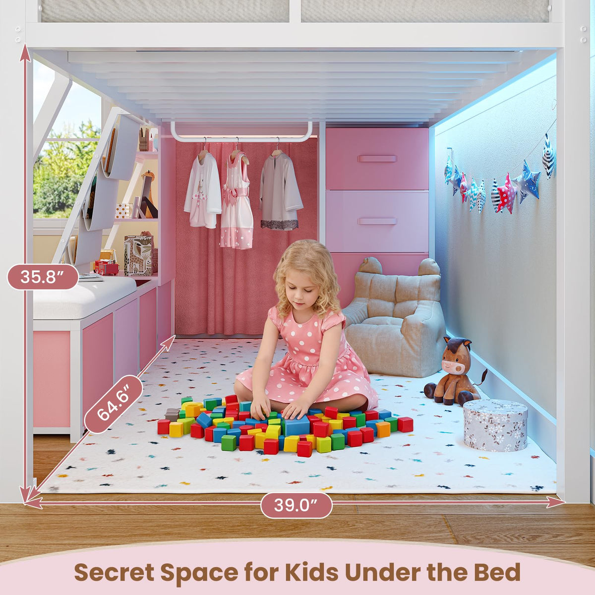 Twin Loft Bed with 7 Storage Drawers, Bookshelf, LED Lights & Guardrail, White & Pink Y90329