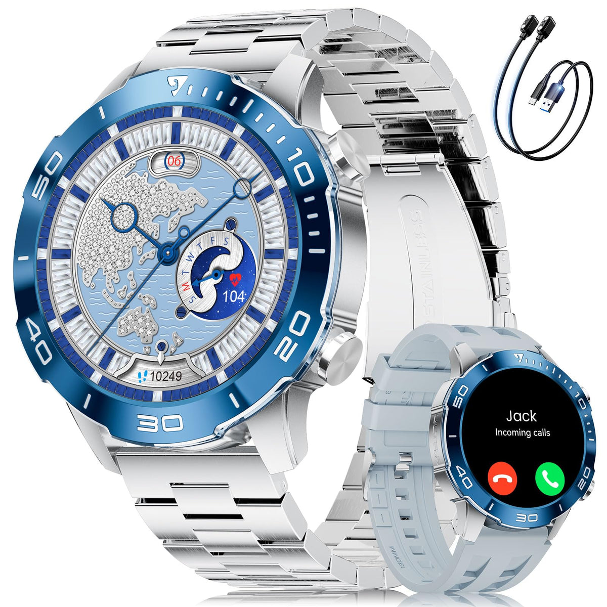 Smart Watch with Heart Rate SpO2 Sleep Monitor IP68 Waterproof Silver Blue 40mm F457533