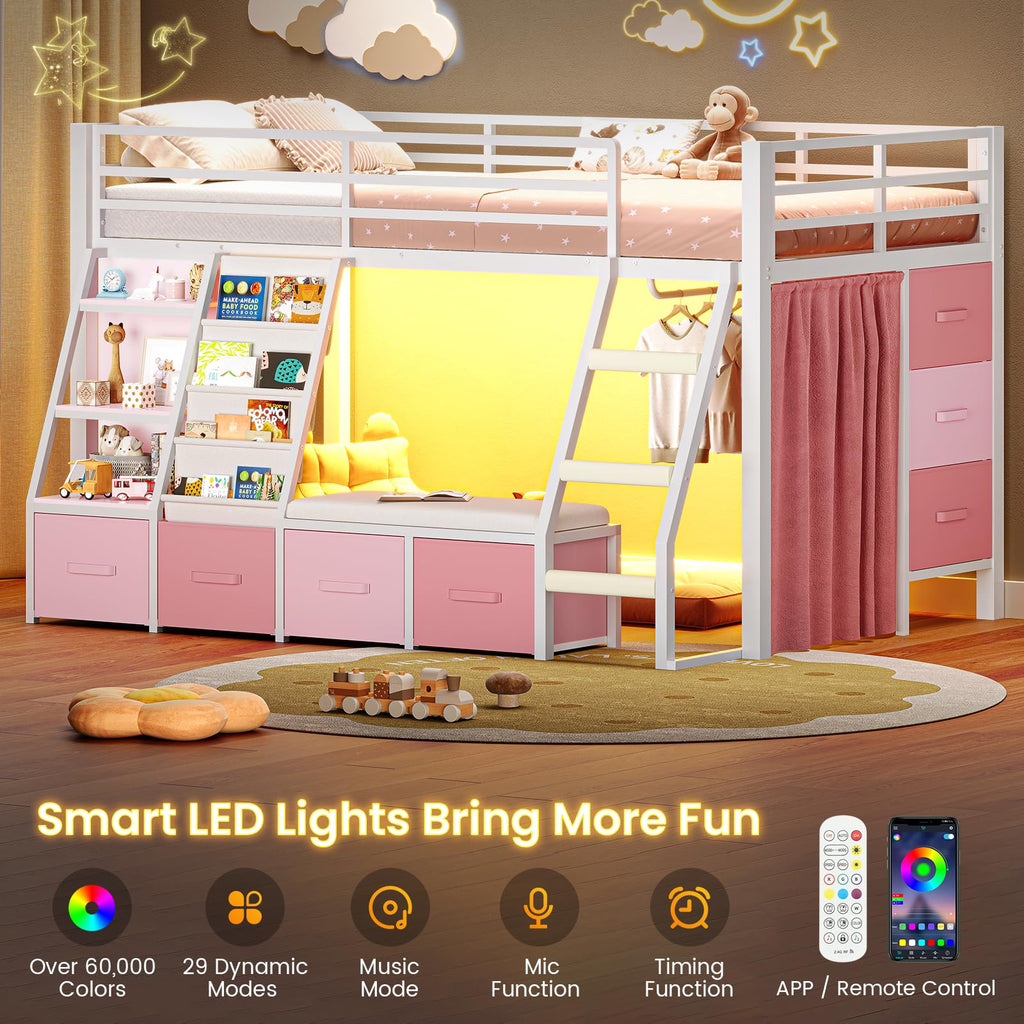 Twin Loft Bed with 7 Storage Drawers, Bookshelf, LED Lights & Guardrail, White & Pink Y90329