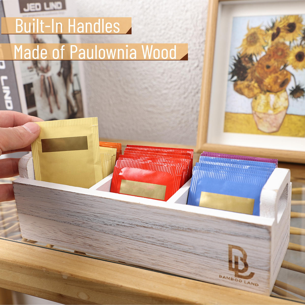 Wooden 3 Slot Tea Bag Organizer F967