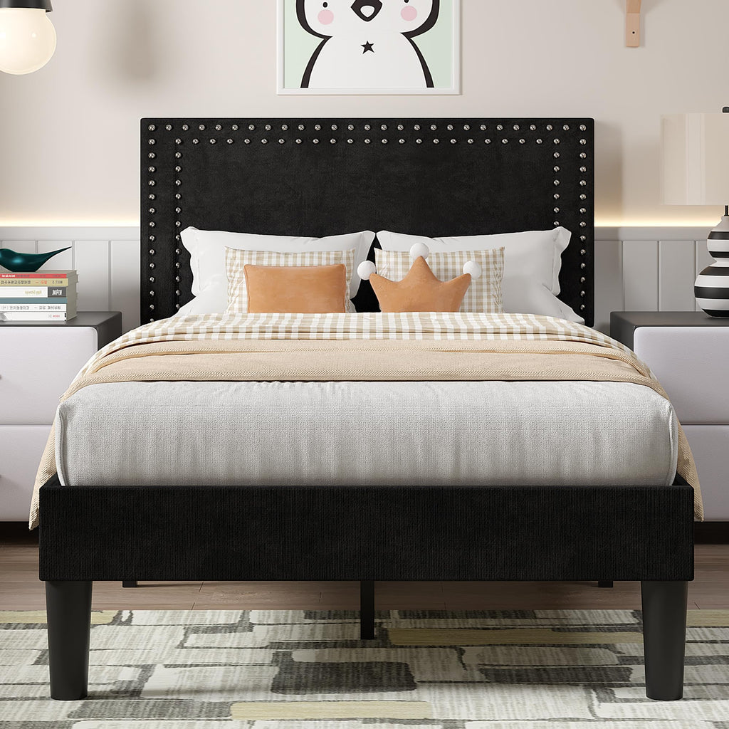 Twin Size Black Platform Bed Frame with Adjustable Upholstered Headboard D375