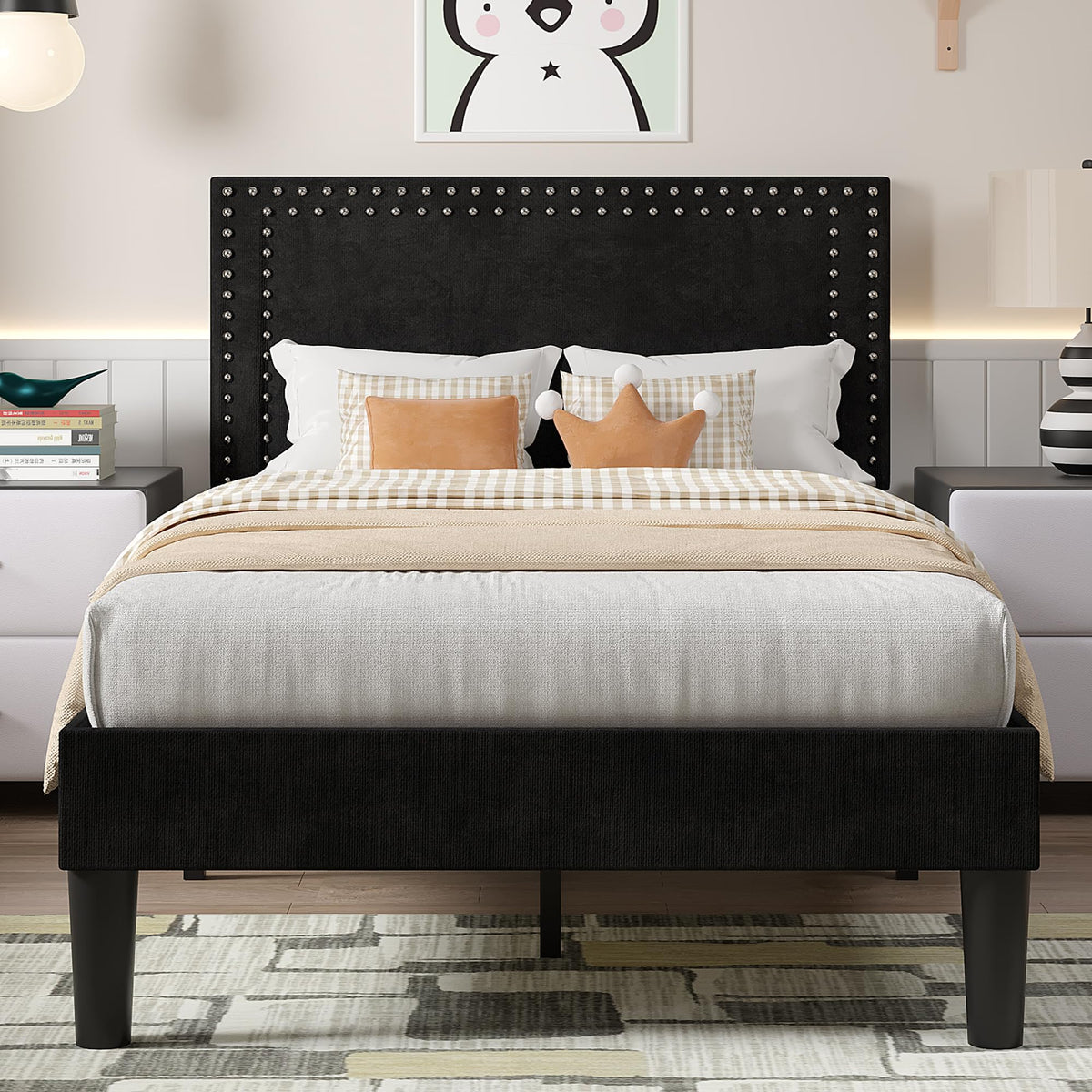 Twin Size Black Platform Bed Frame with Adjustable Upholstered Headboard D375