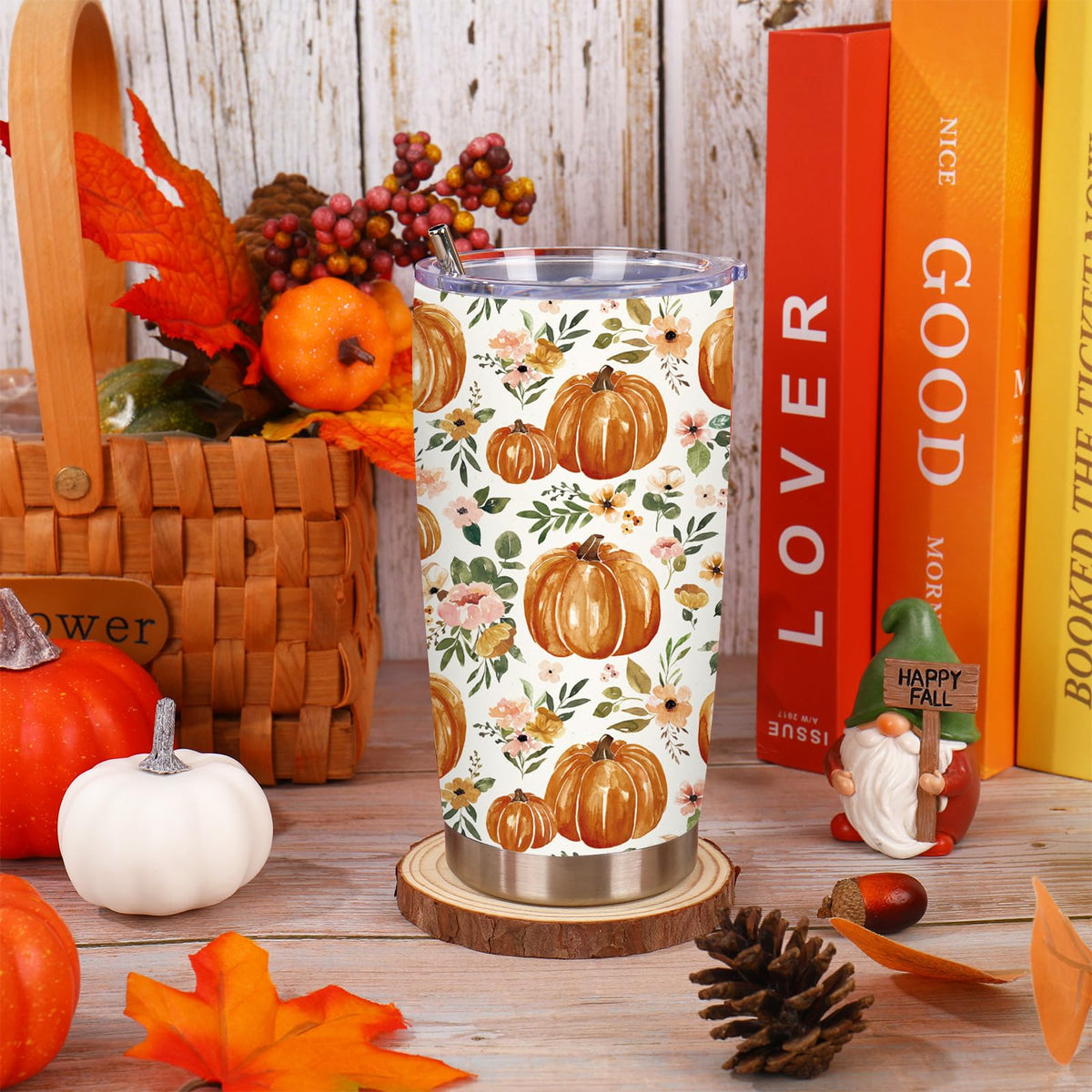 20 Oz Floral Pumpkin Tumbler with Lid Straw Y1429