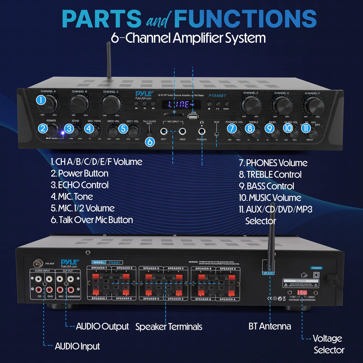 6 Channel 600 Watt Bluetooth Home Audio Amplifier F8973