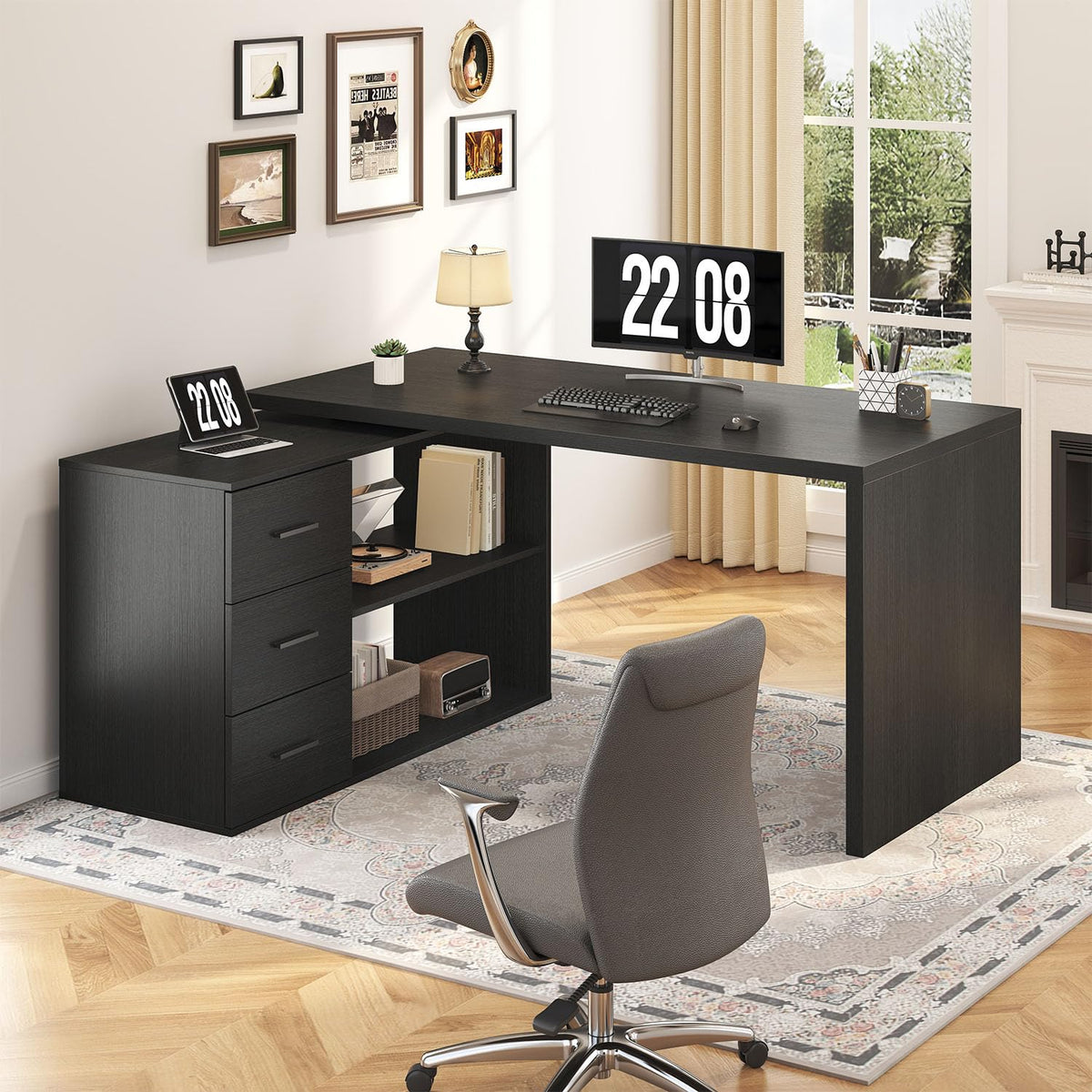 Black L Shaped Corner Desk with Storage Drawers R901