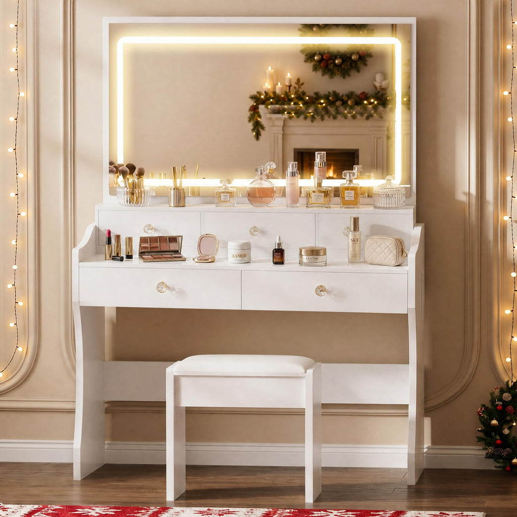 White Vanity Desk with LED Lights Mirror and 5 Drawers M4136