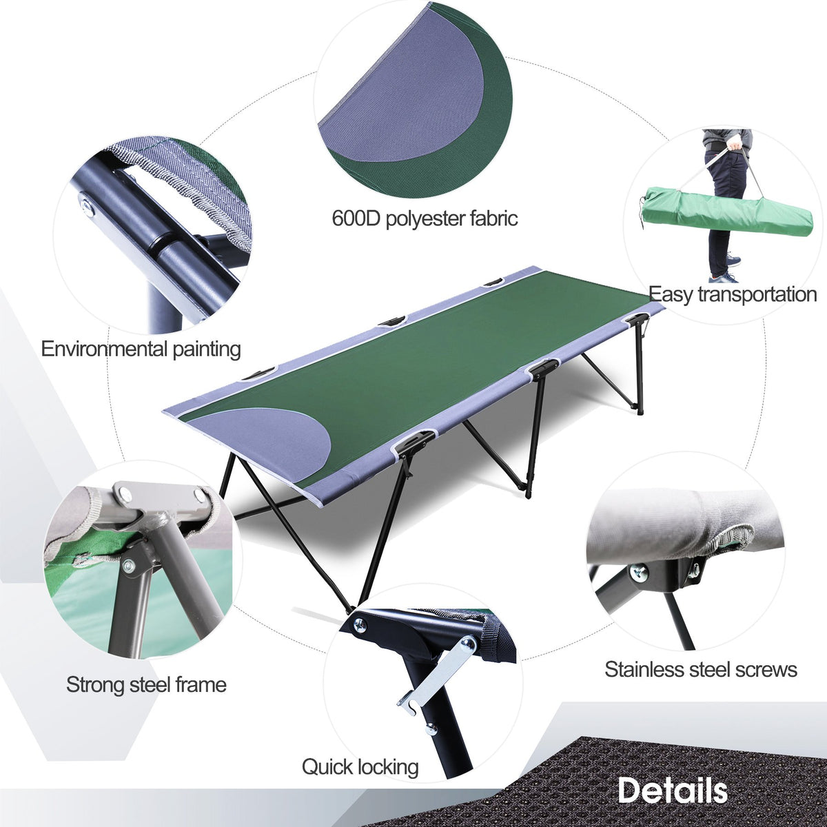 Green Folding Camping Cot with Carry Bag U676