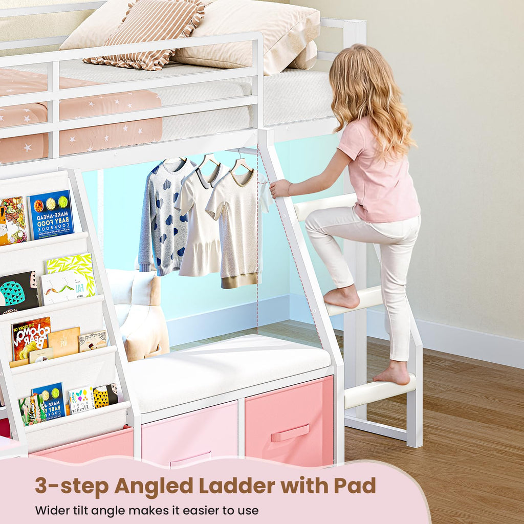 Twin Loft Bed with 7 Storage Drawers, Bookshelf, LED Lights & Guardrail, White & Pink Y90329