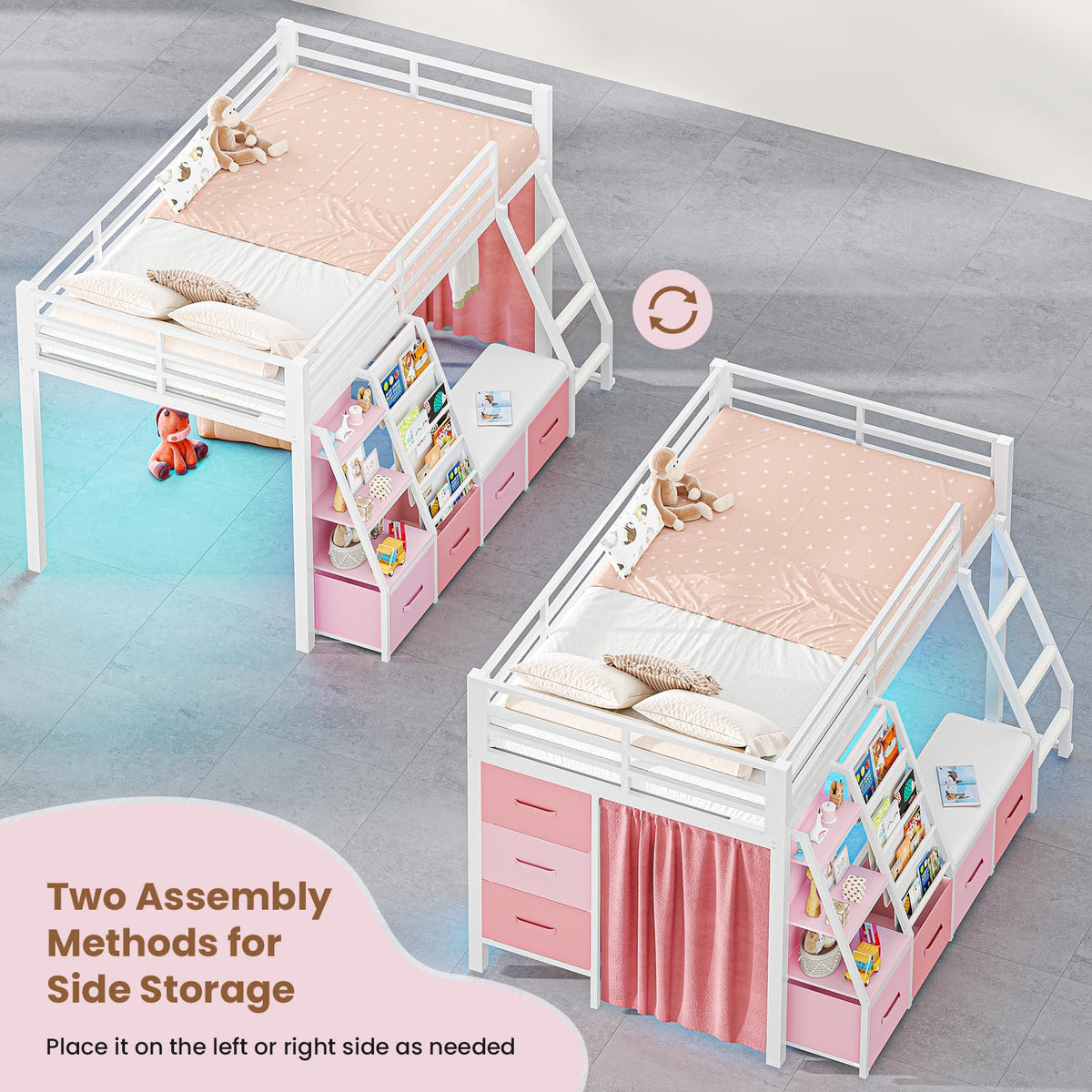 Twin Loft Bed with 7 Storage Drawers, Bookshelf, LED Lights & Guardrail, White & Pink Y90329