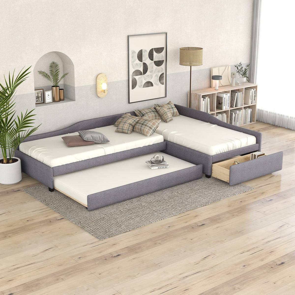 Gray Linen Upholstered Double Twin Size Daybed with Trundle and Drawer K325
