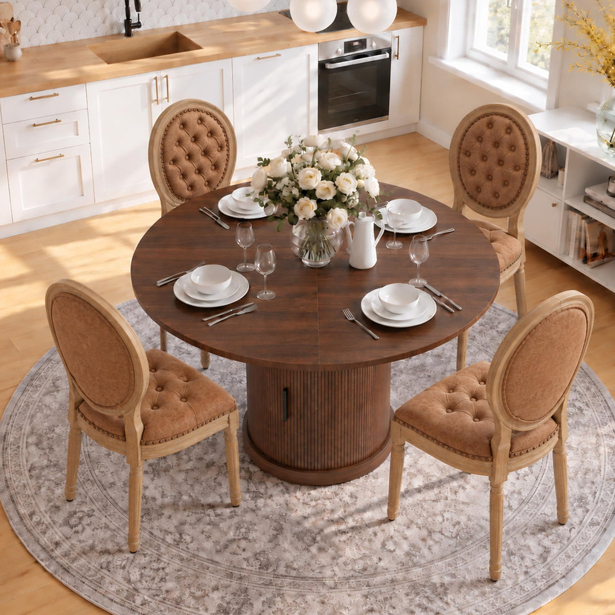 5-Piece Extendable Dining Set Walnut Table 4 PU Leather Chairs E117048