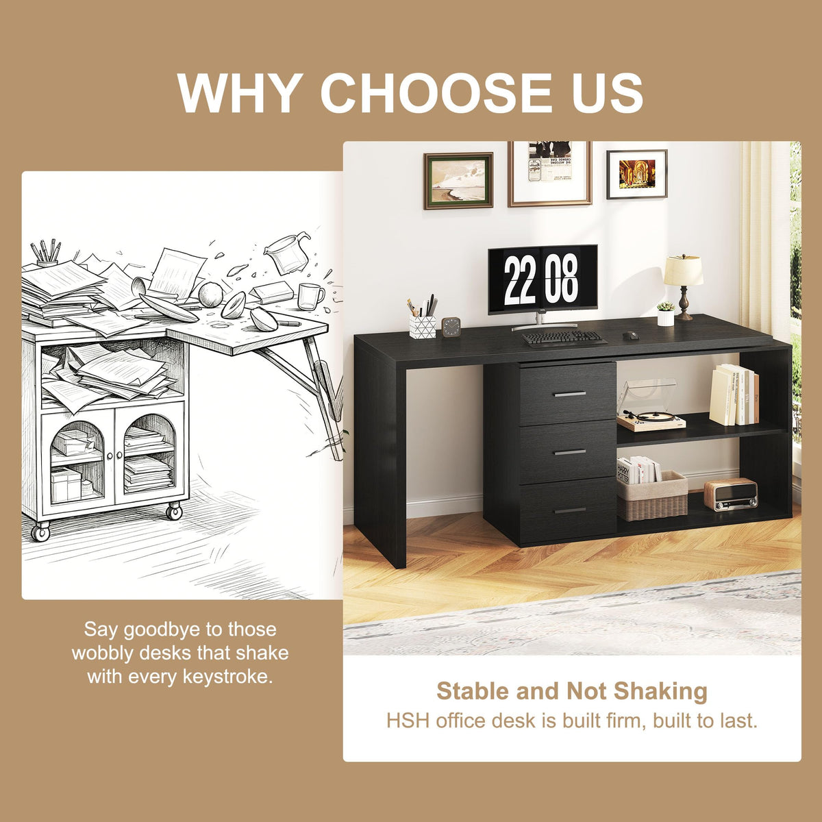 Black L Shaped Corner Desk with Storage Drawers R901