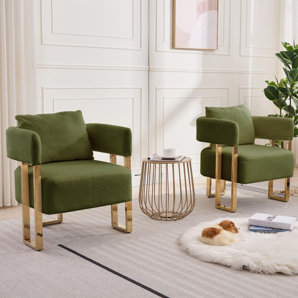Green Teddy Upholstered Arm Chairs Set of 2 with Metal Legs R78108