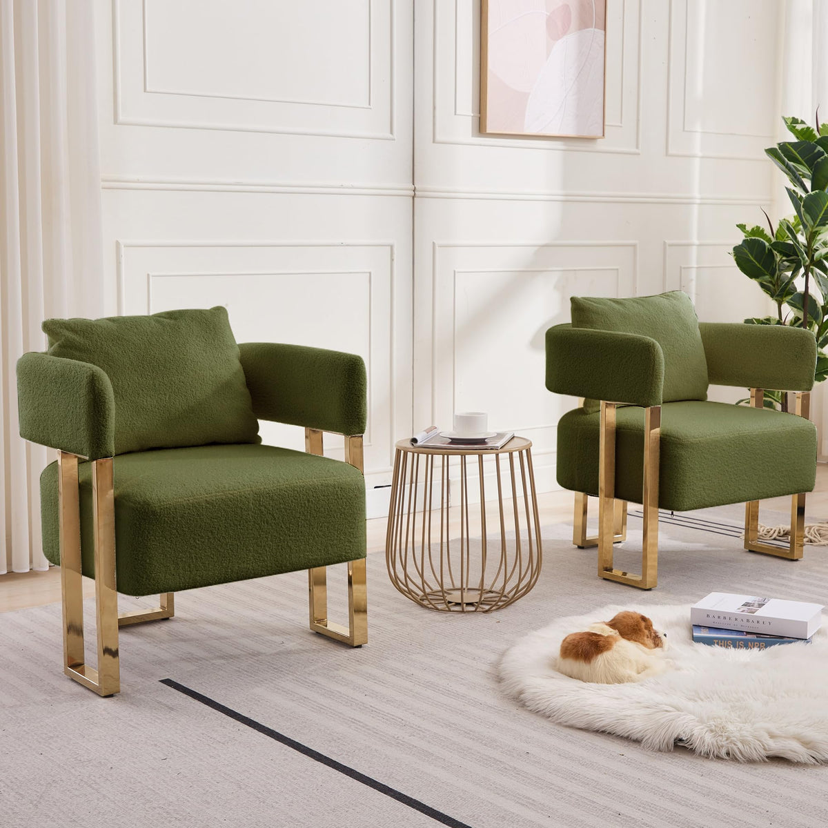 Green Teddy Upholstered Arm Chairs Set of 2 with Metal Legs R78108