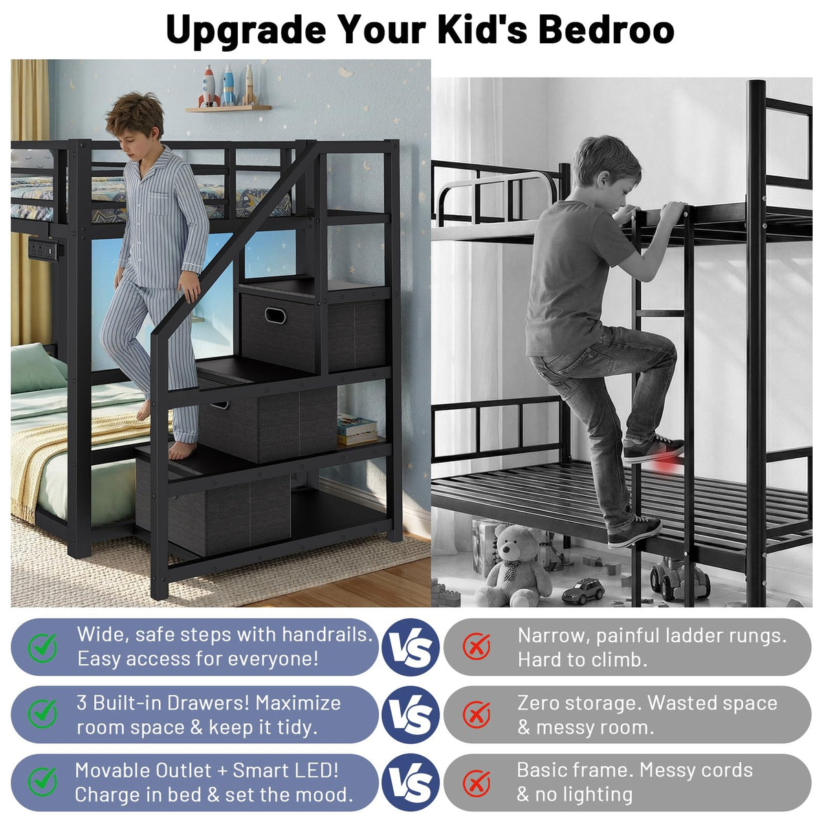Twin Over Twin Metal Bunk Bed with Storage Stairs, Drawers & Shelves, Power Outlet and RGB LED Lights, Safety Guardrails & Metal Slats (Black) F330720