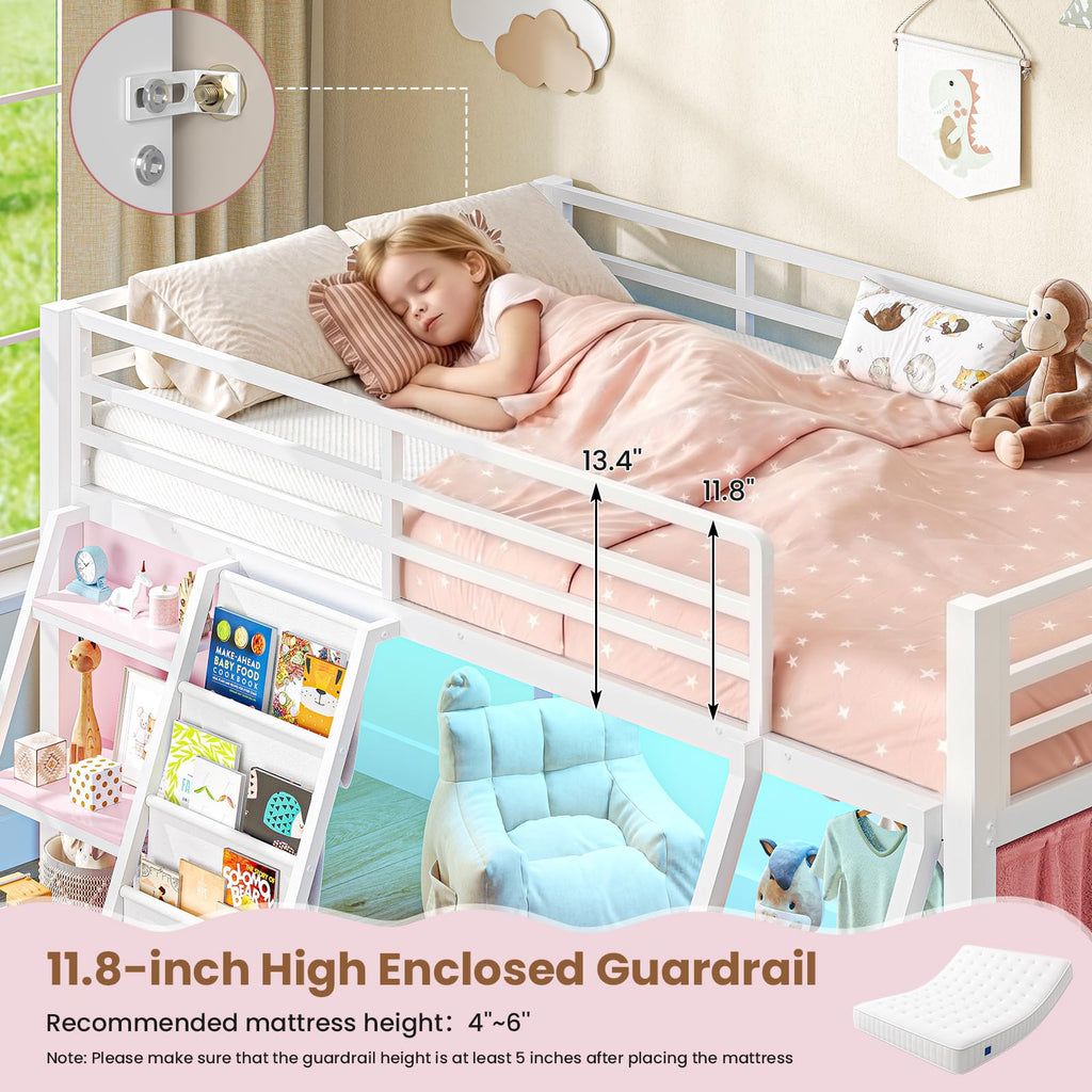 Twin Loft Bed with 7 Storage Drawers, Bookshelf, LED Lights & Guardrail, White & Pink Y90329