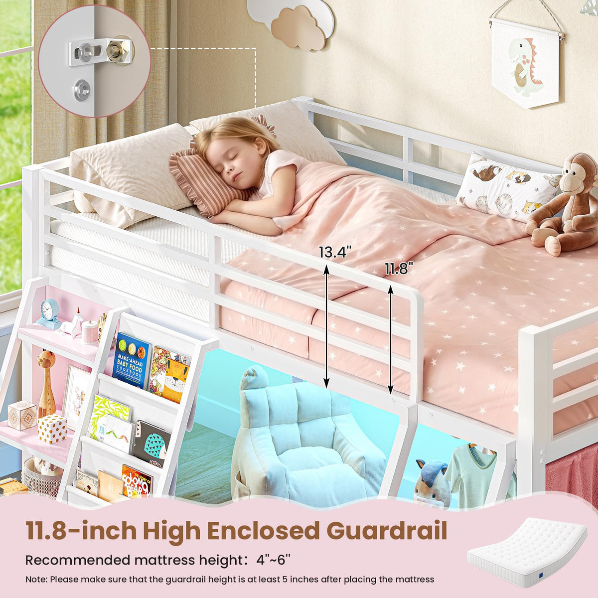 Twin Loft Bed with 7 Storage Drawers, Bookshelf, LED Lights & Guardrail, White & Pink Y90329