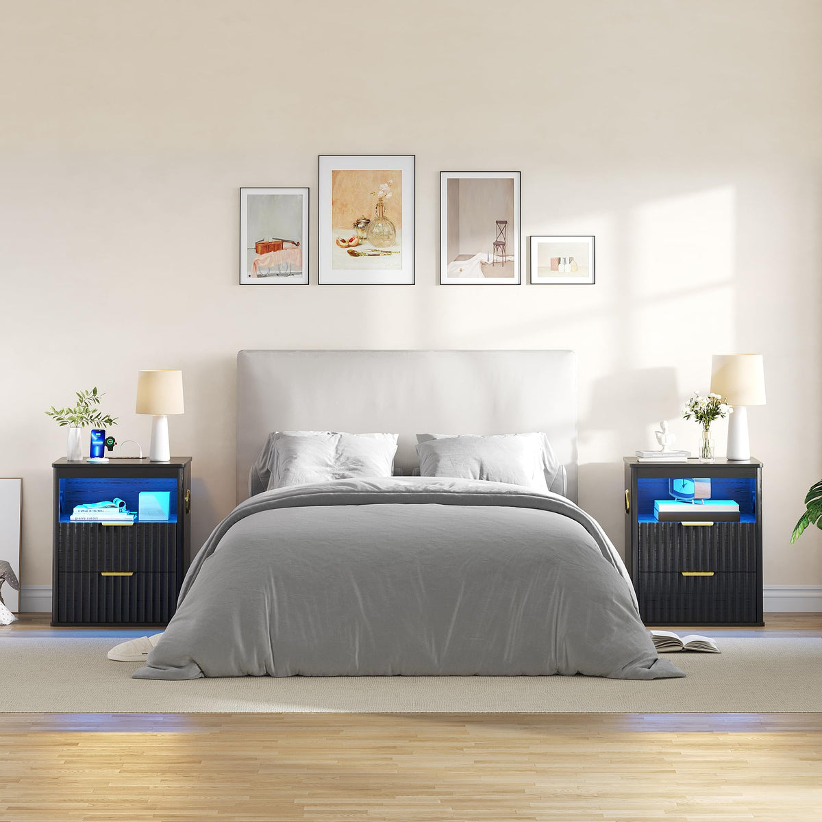 Black Smart Nightstand with Bluetooth Speaker, LED Lights, Wireless Charging, 2 Drawers & Open Shelf B366