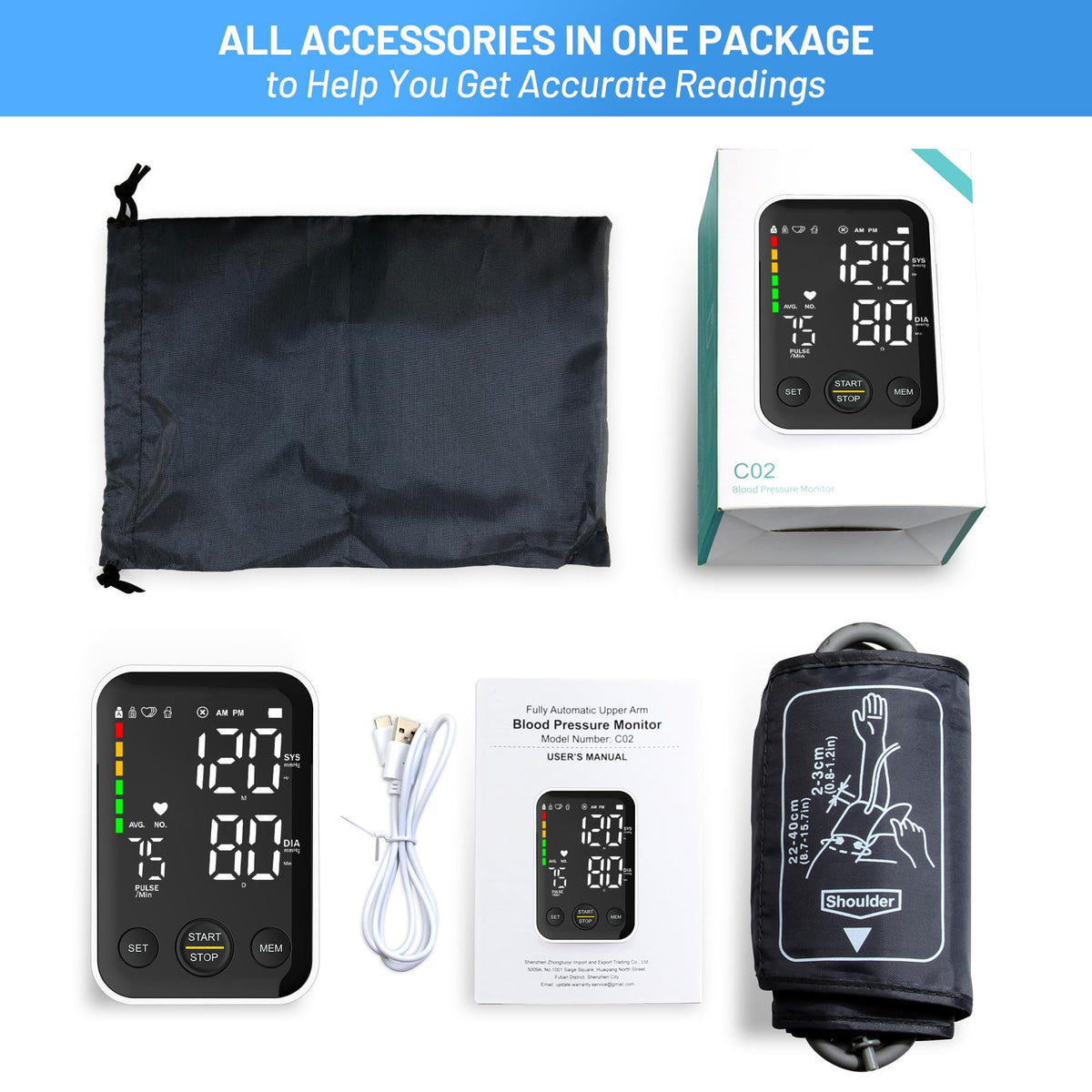 Black Upper Arm Blood Pressure Monitor with Adjustable Arm Cuff and Large Display F636