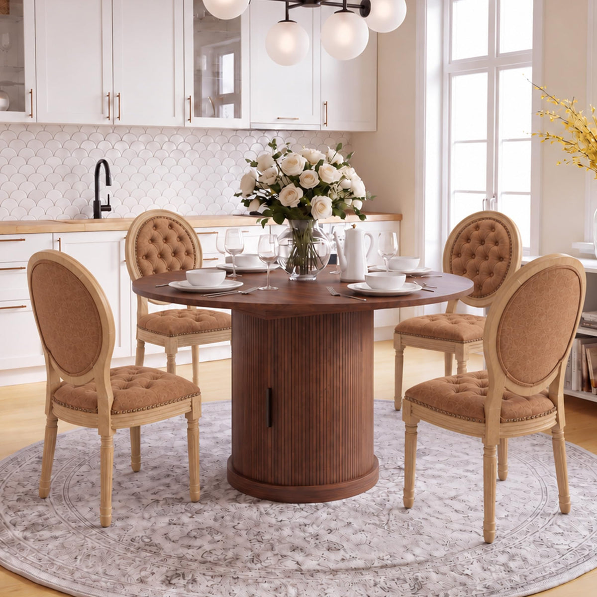 5-Piece Extendable Dining Set Walnut Table 4 PU Leather Chairs E117048