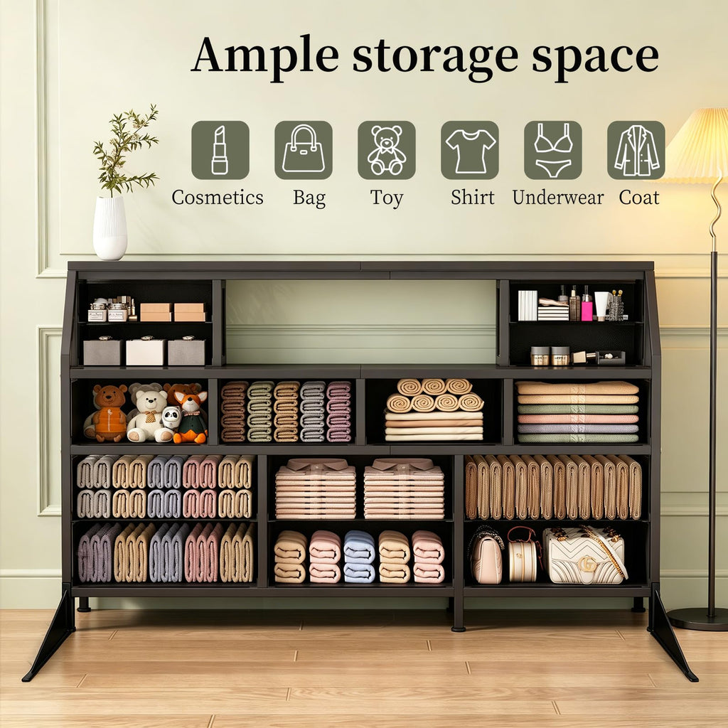 55" Black 14 Drawer Fabric Dresser with Open Shelf M112085
