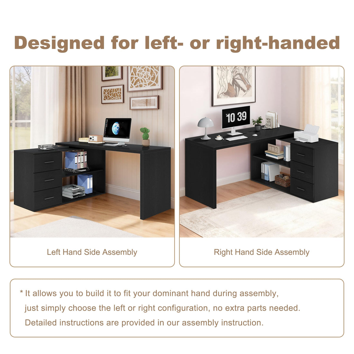 Black L Shaped Corner Desk with Storage Drawers R901