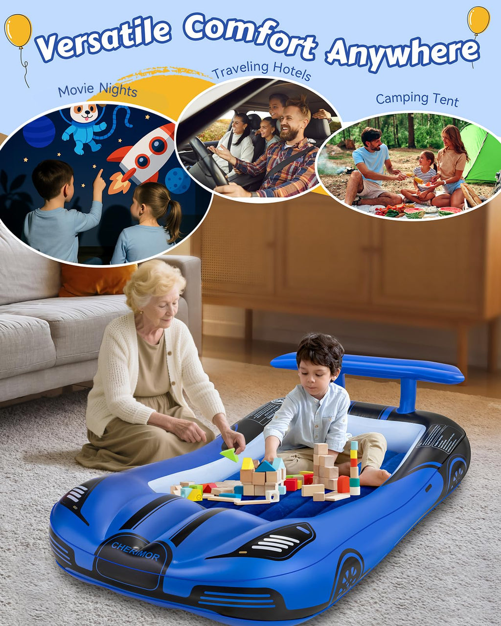 Inflatable Toddler Travel Bed with Safety Bumpers & Auto Pump P873