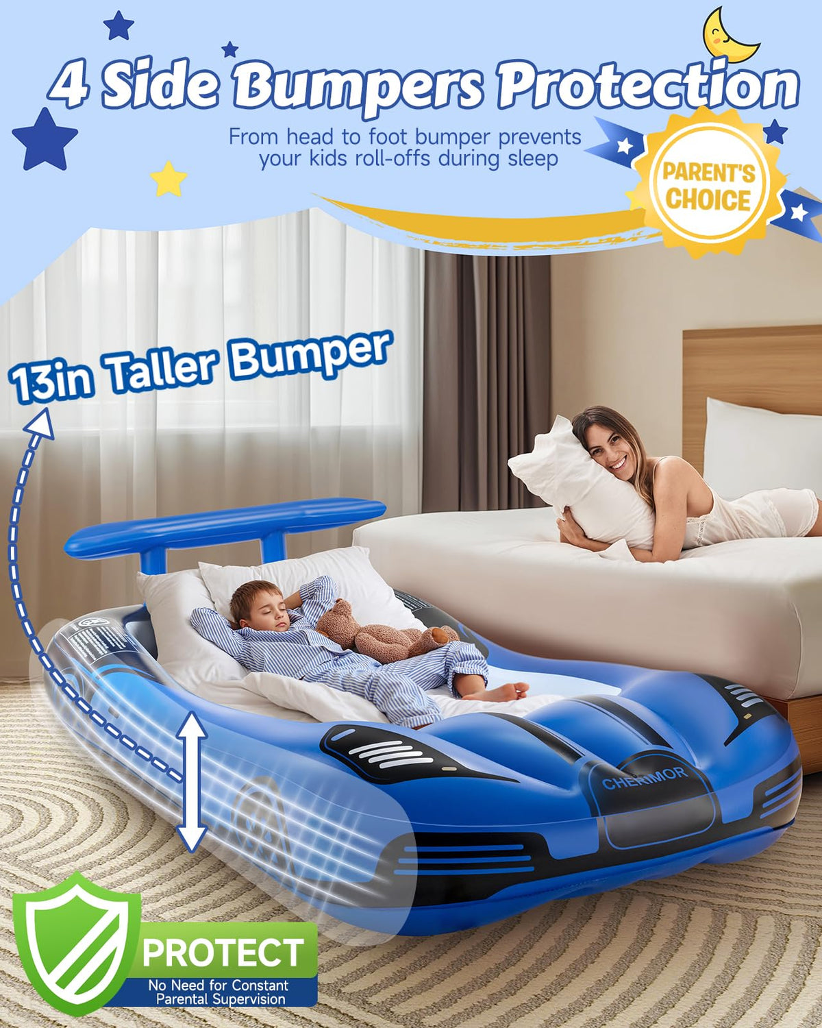 Inflatable Toddler Travel Bed with Safety Bumpers & Auto Pump P873