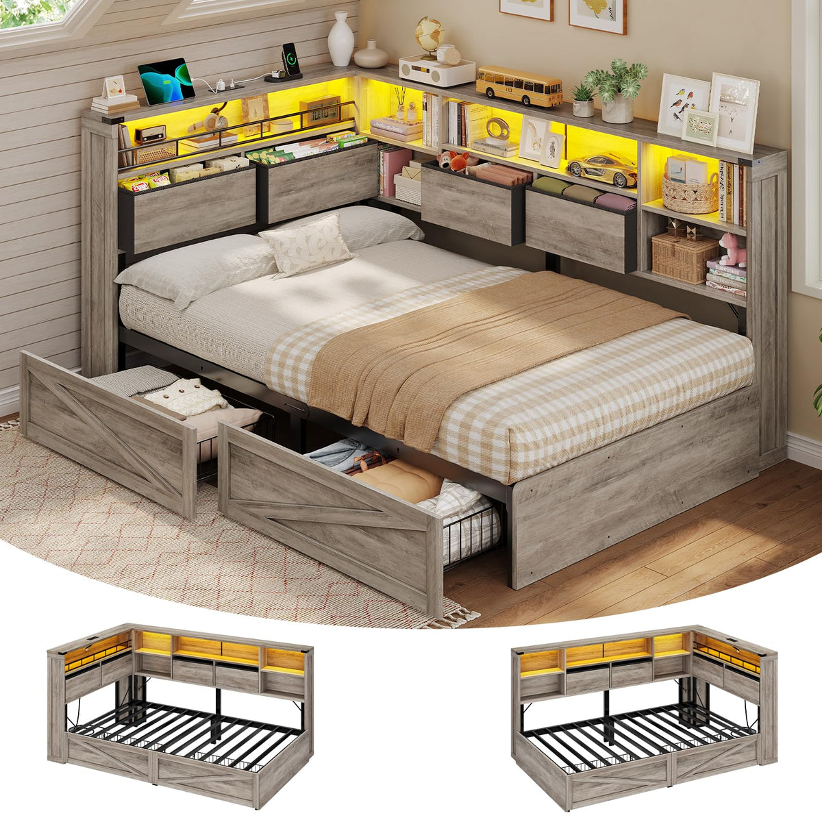 Twin Corner Bed Daybed with 6 Storage Drawers Grey H895