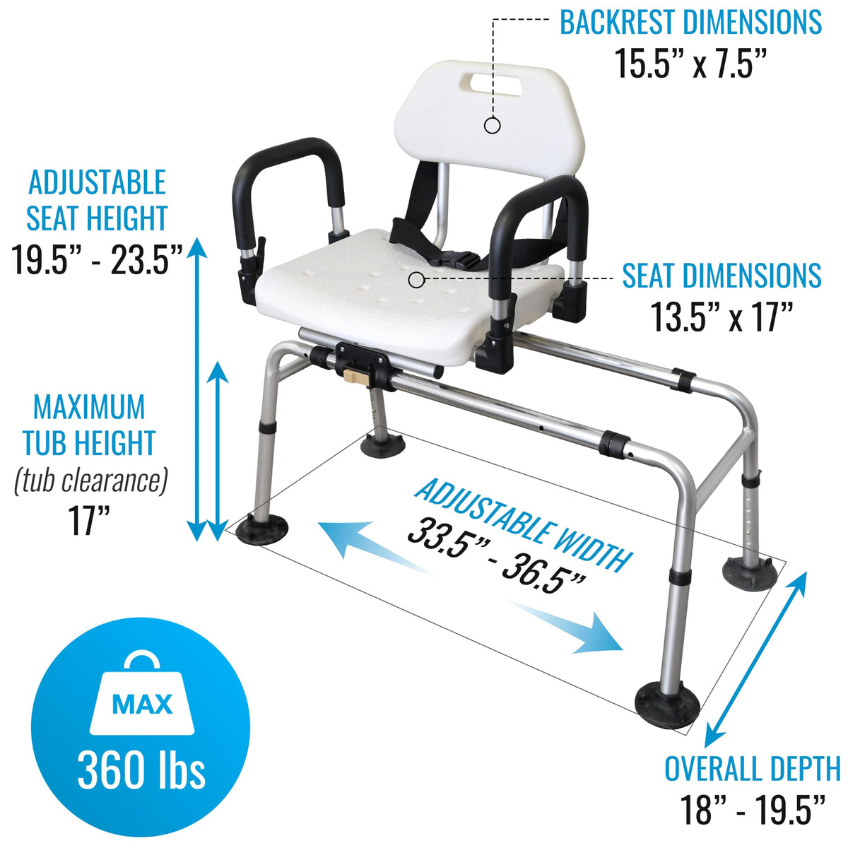 Extra-Wide 360lb Capacity Non-Slip Padded Shower Chair & Transfer Bench B43786