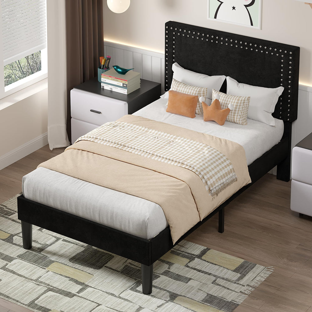 Twin Size Black Platform Bed Frame with Adjustable Upholstered Headboard D375