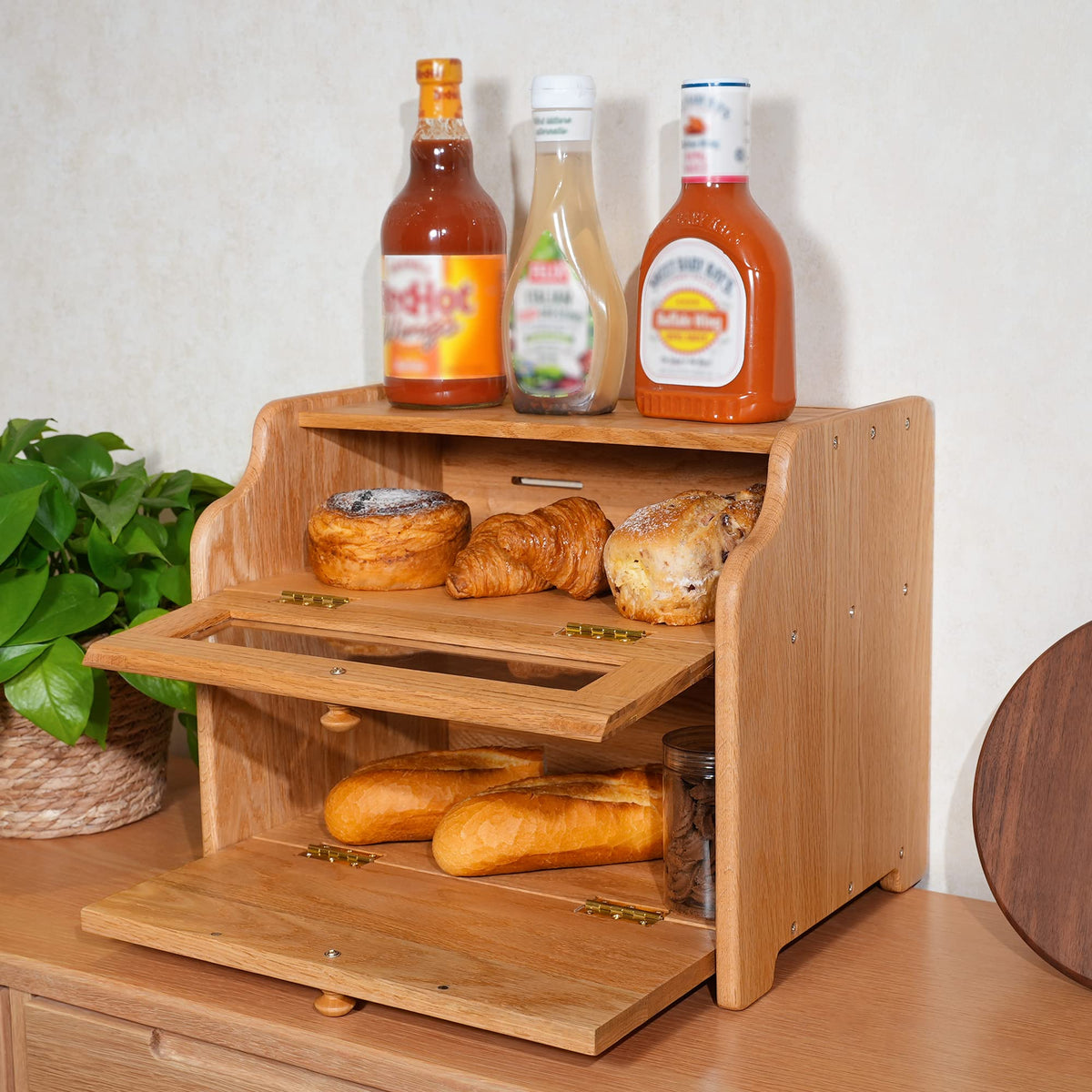 Solid Wood Oak Bread Box with Clear Window O739310