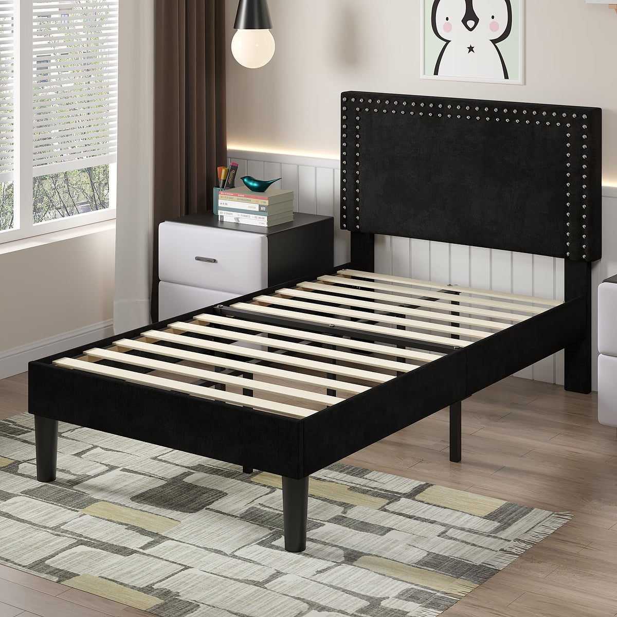 Twin Size Black Platform Bed Frame with Adjustable Upholstered Headboard D375