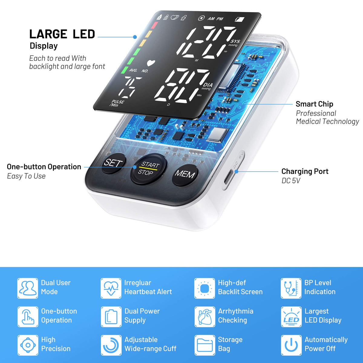 Black Upper Arm Blood Pressure Monitor with Adjustable Arm Cuff and Large Display F636