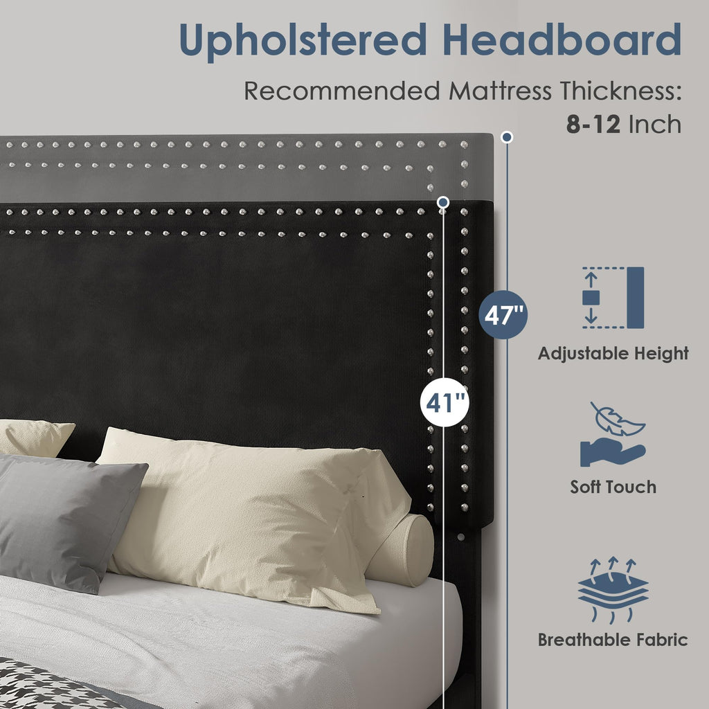 Twin Size Black Platform Bed Frame with Adjustable Upholstered Headboard D375