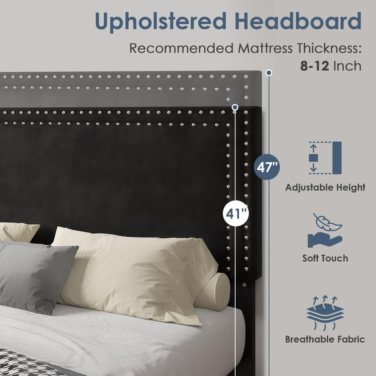Twin Size Black Platform Bed Frame with Adjustable Upholstered Headboard D375
