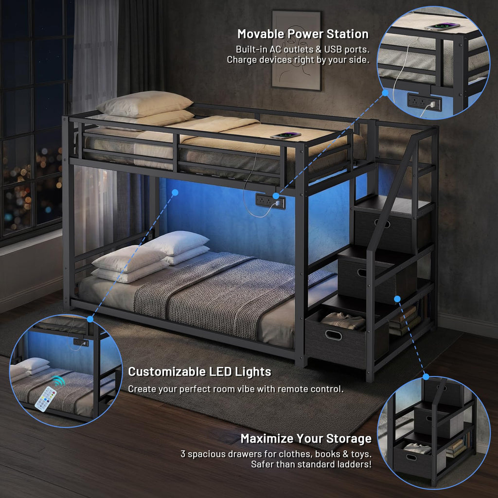 Twin Over Twin Metal Bunk Bed with Storage Stairs, Drawers & Shelves, Power Outlet and RGB LED Lights, Safety Guardrails & Metal Slats (Black) F330720