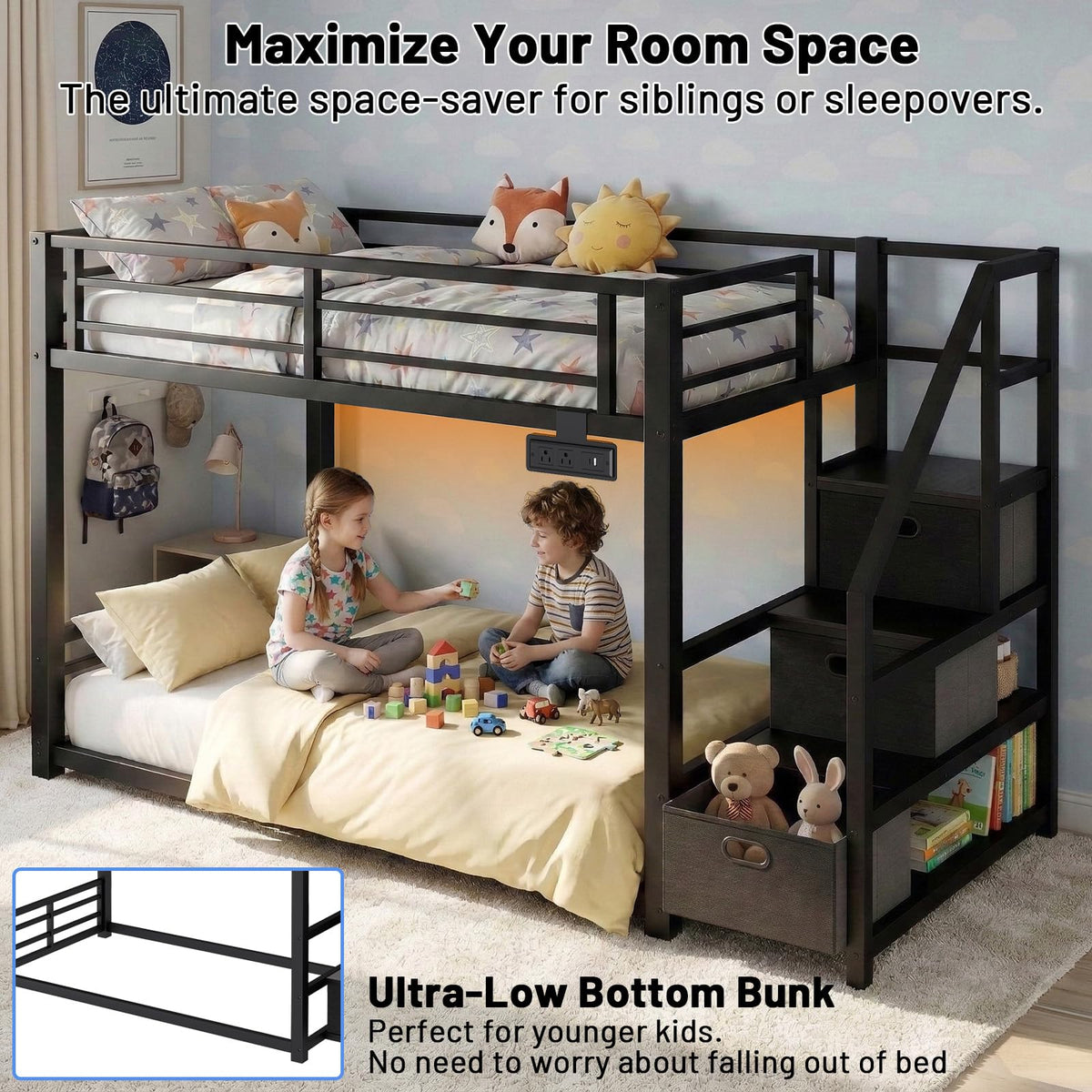 Twin Over Twin Metal Bunk Bed with Storage Stairs, Drawers & Shelves, Power Outlet and RGB LED Lights, Safety Guardrails & Metal Slats (Black) F330720